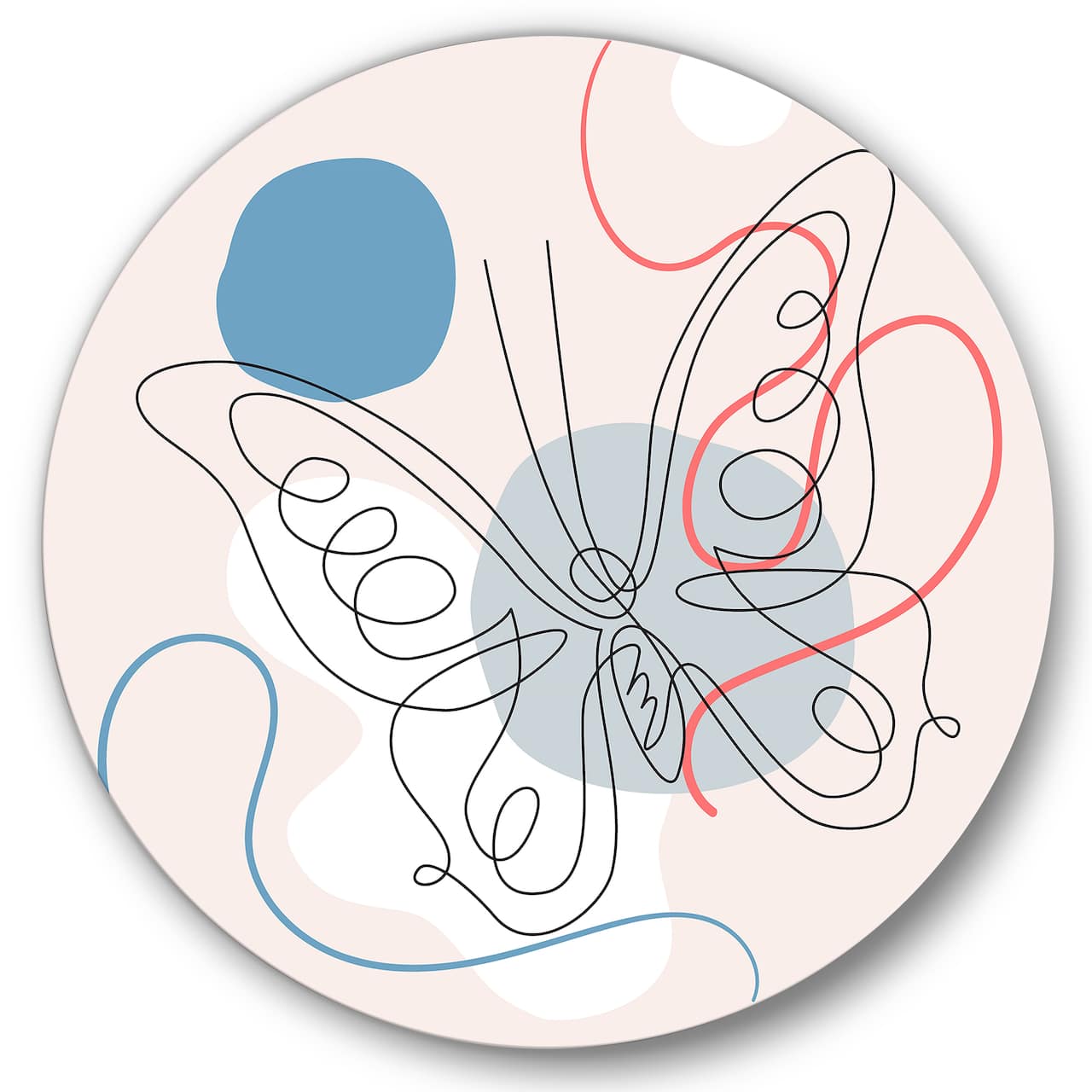 Designart - Butterfly One Line Drawing On Cubism Shapes III - Modern Metal Circle Wall Art